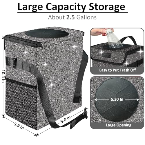 BAOGCOYO Cute Mini Car Trash Bag with Lid, Glitter Garbage Can Bin Hanging for Back/Front Seat/Console, Waterproof, Leakproof, 2.5 Gallon, Black Bling Sparkly - Image 2