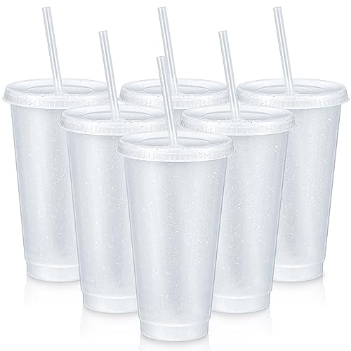 Uiifan 6 Pcs 24 oz Reusable Tumbler with Lids and Straws Plastic Iced Coffee Tumbler Glitter Travel Mug Cup for Smoothie Juices Birthday Party Cold Drink Coffee Cup Bulk for Adult Kid Women Clear - Image 1