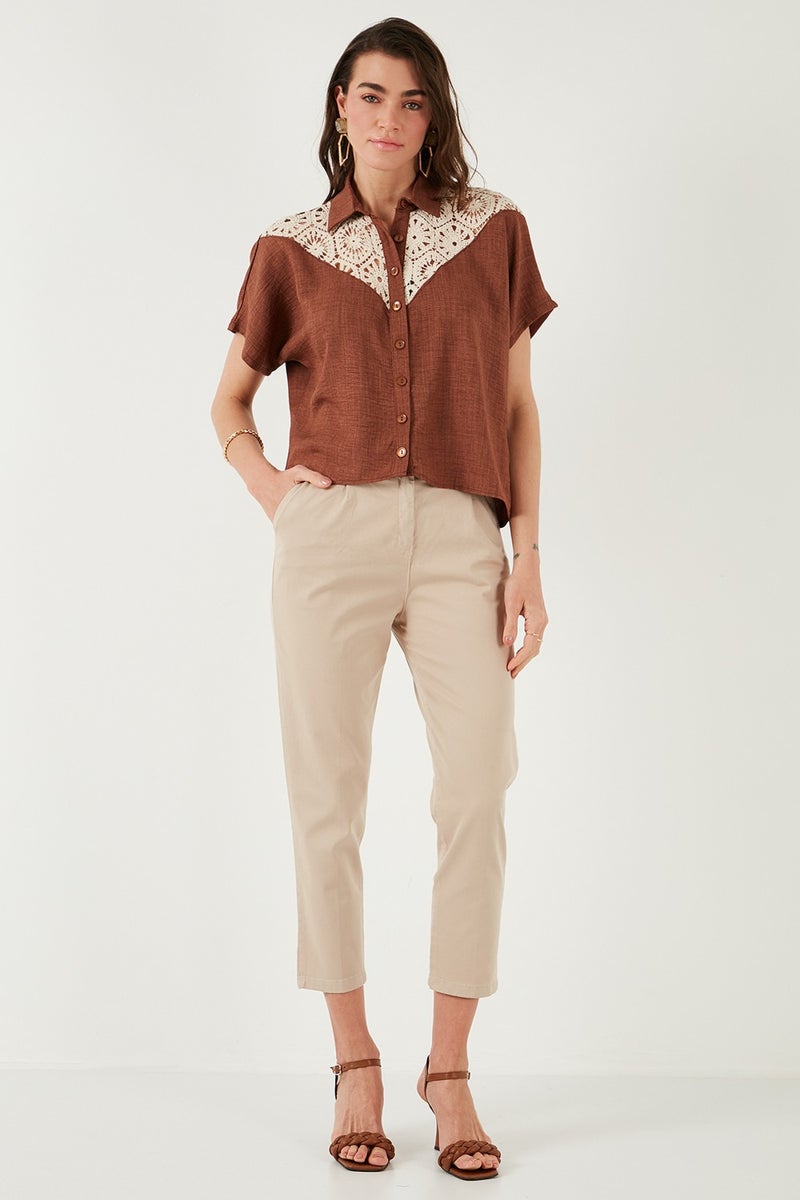 Lela Stretch Cotton Regular Fit High Waist Straight Crop Top Belted Trousers Women's Trousers 668yp5335 - Image 1
