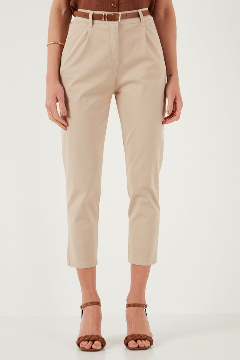 Lela Stretch Cotton Regular Fit High Waist Straight Crop Top Belted Trousers Women's Trousers 668yp5335 - Image 2