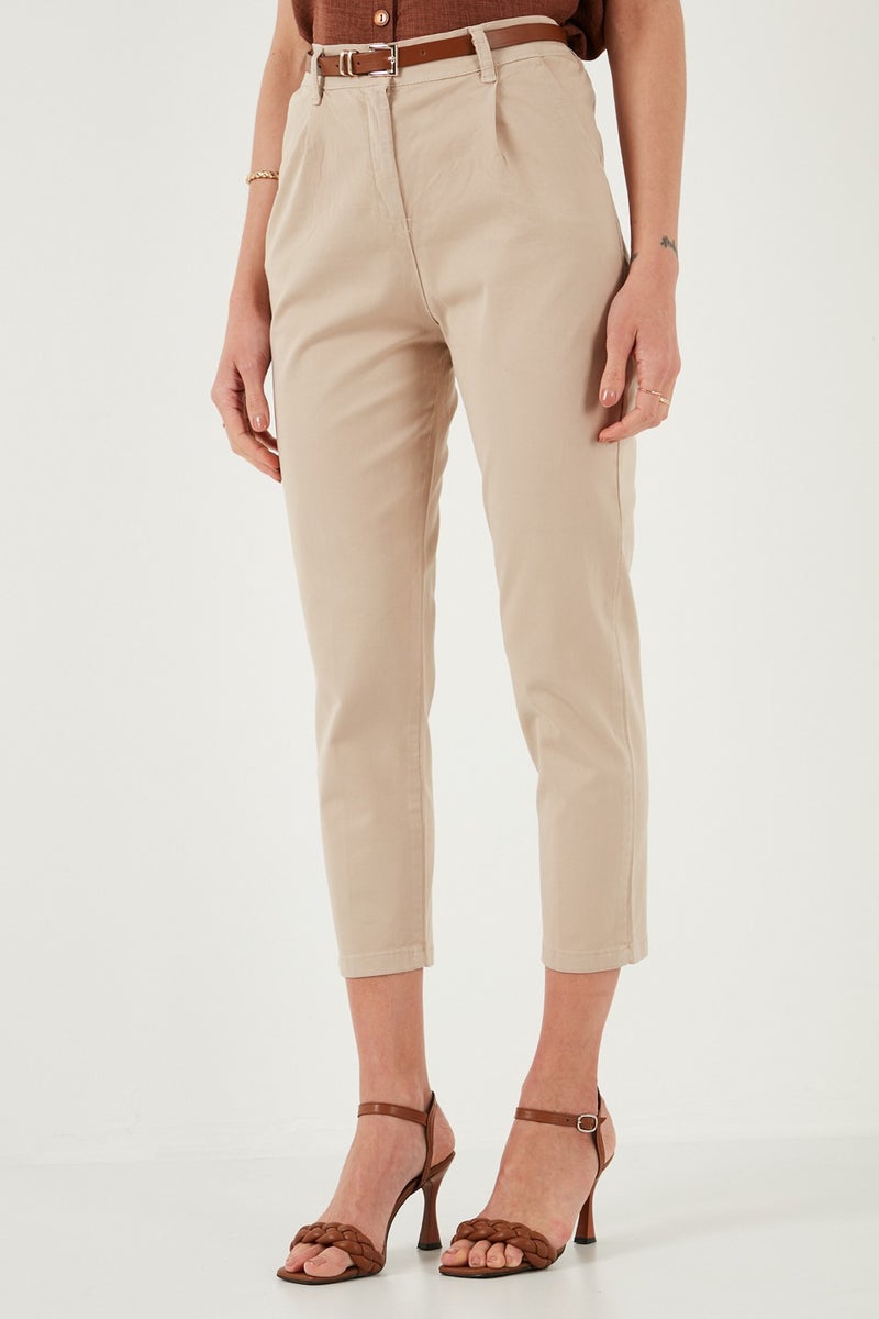 Lela Stretch Cotton Regular Fit High Waist Straight Crop Top Belted Trousers Women's Trousers 668yp5335 - Image 3