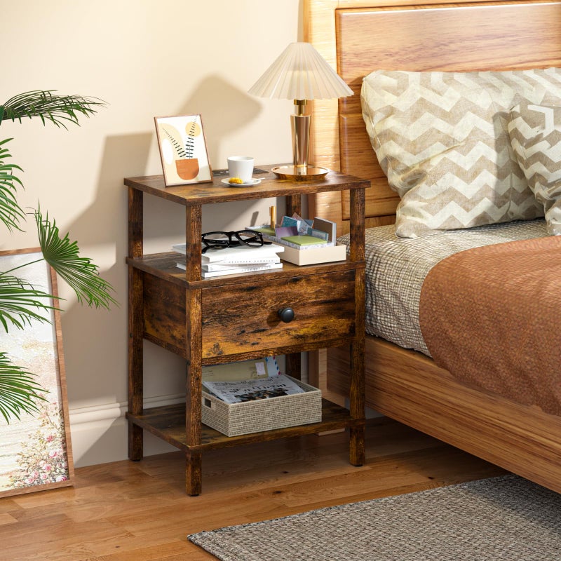 Lerliuo Nightstand with Charging Station and USB Ports, 3-Tier Storage End Table with Drawer Shelf, Night Stand for Small Spaces, Wood Bedside Table for Living Room, Bedroom - Retro Brownâ€¦ - Image 3
