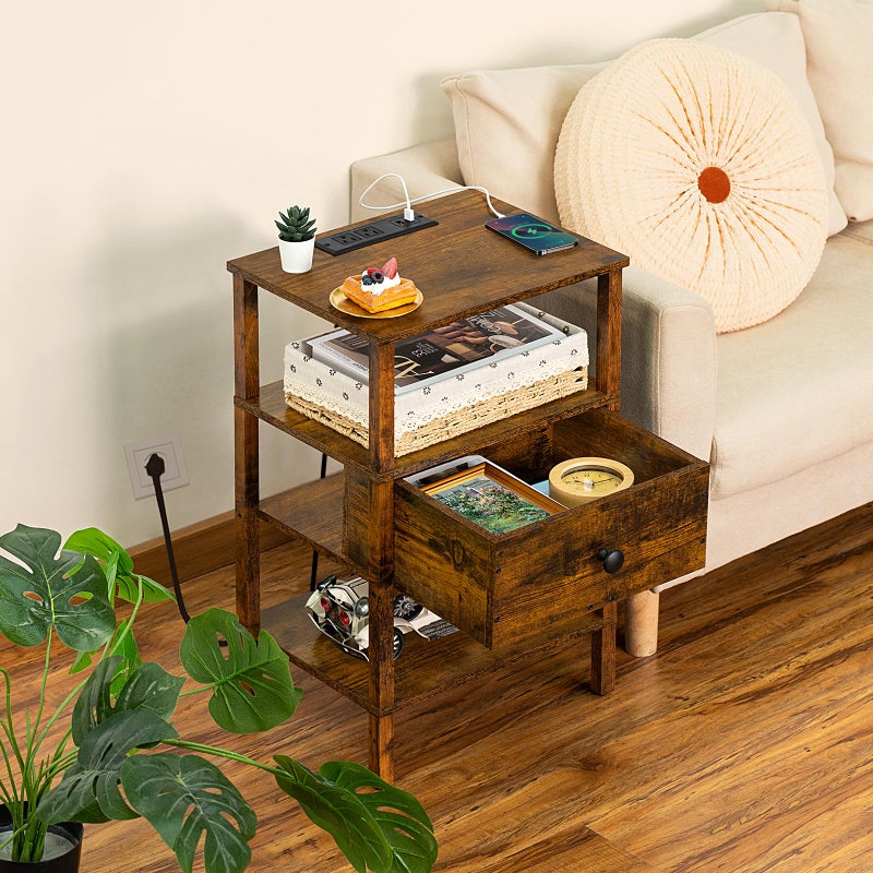 Lerliuo Nightstand with Charging Station and USB Ports, 3-Tier Storage End Table with Drawer Shelf, Night Stand for Small Spaces, Wood Bedside Table for Living Room, Bedroom - Retro Brownâ€¦ - Image 2