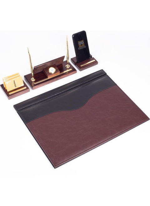 Premium Mahogany Table Name Holder Claret Red-Black Table Pad with Phone Stand Tabletop Name Holder Brass 4 Pieces