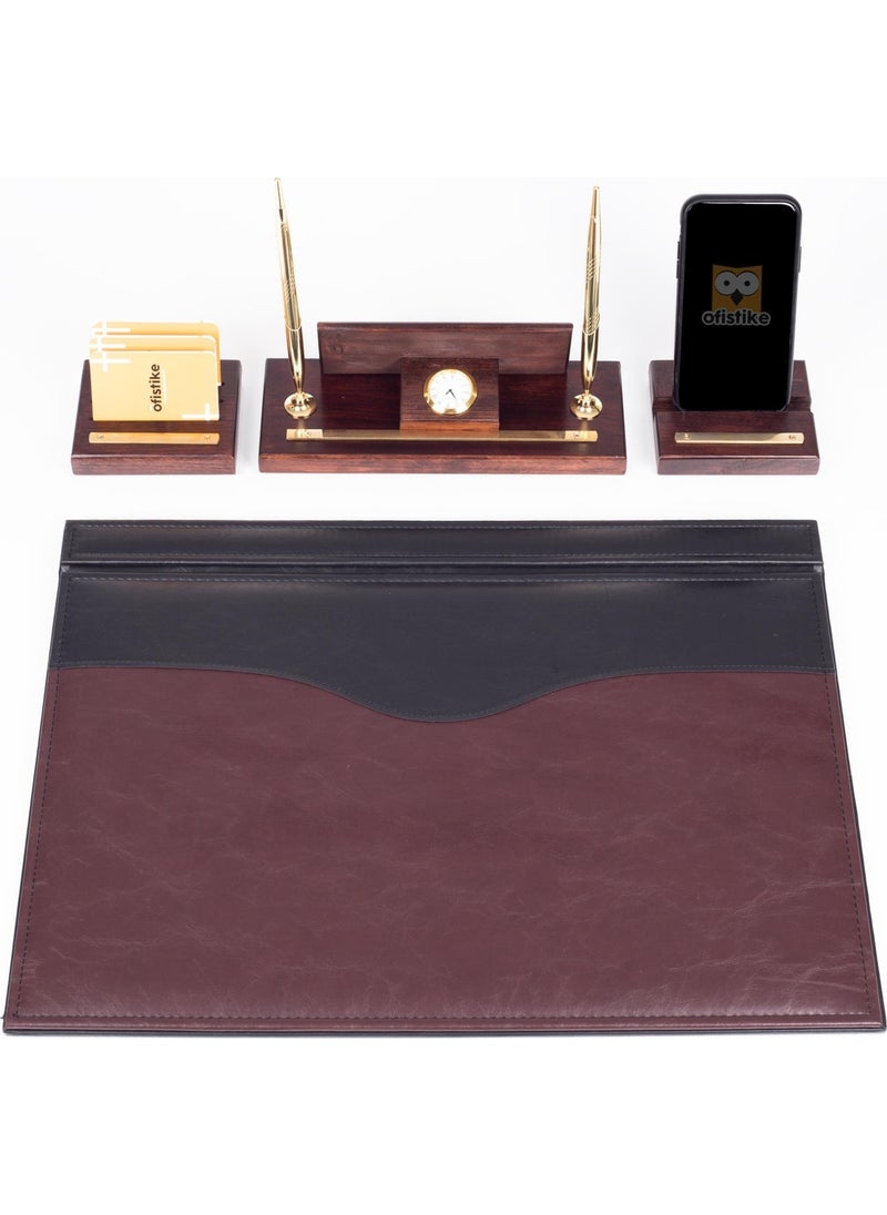Ofistike - Premium Mahogany Table Name Holder Claret Red-Black Table Pad with Phone Stand Tabletop Name Holder Brass 4 Pieces - Image 1