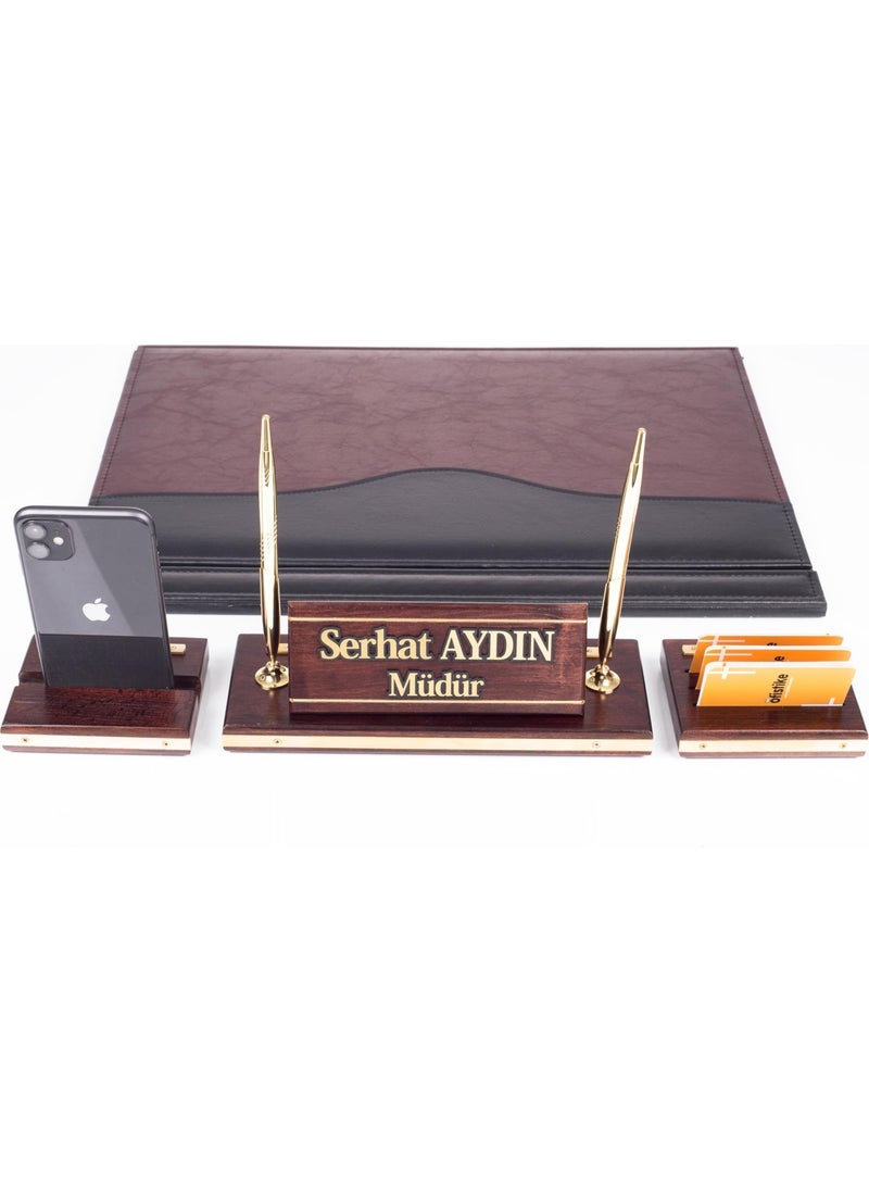 Ofistike - Premium Mahogany Table Name Holder Claret Red-Black Table Pad with Phone Stand Tabletop Name Holder Brass 4 Pieces - Image 1
