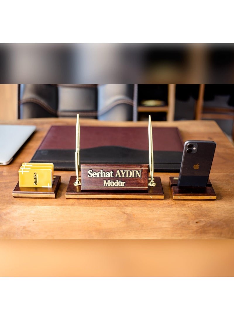 Ofistike - Premium Mahogany Table Name Holder Claret Red-Black Table Pad with Phone Stand Tabletop Name Holder Brass 4 Pieces - Image 1