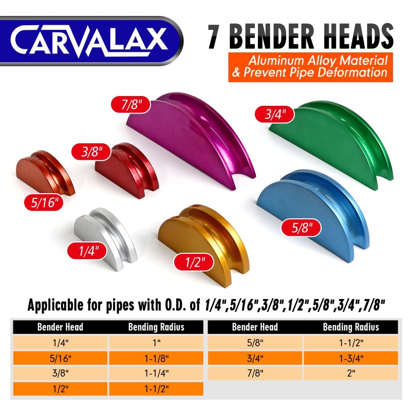 CARVALAX CAVALAX Pipe Tube Bender Set, for 1/4â€ to 7/8â€ O.D, 90Â° Ratcheting Tubing Bender Kit with Reverse Bending Adapters and 7 Multi-Color Aluminum Heads, for HVAC Air Condition Heating Repair - Image 4