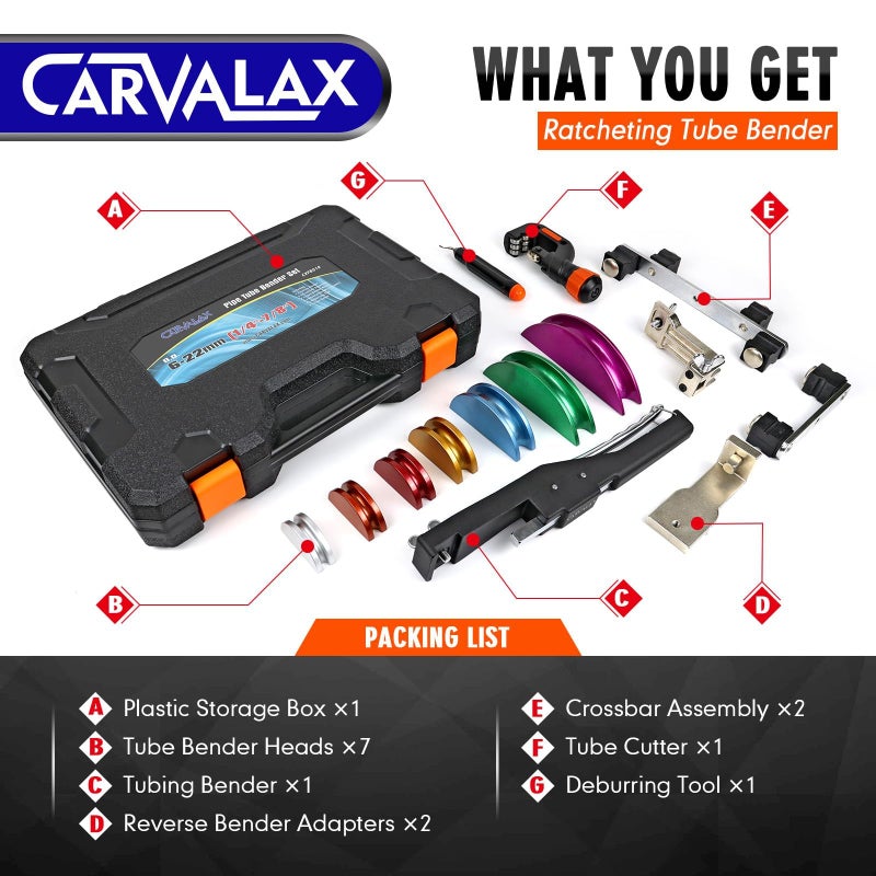 CARVALAX CAVALAX Pipe Tube Bender Set, for 1/4â€ to 7/8â€ O.D, 90Â° Ratcheting Tubing Bender Kit with Reverse Bending Adapters and 7 Multi-Color Aluminum Heads, for HVAC Air Condition Heating Repair - Image 3
