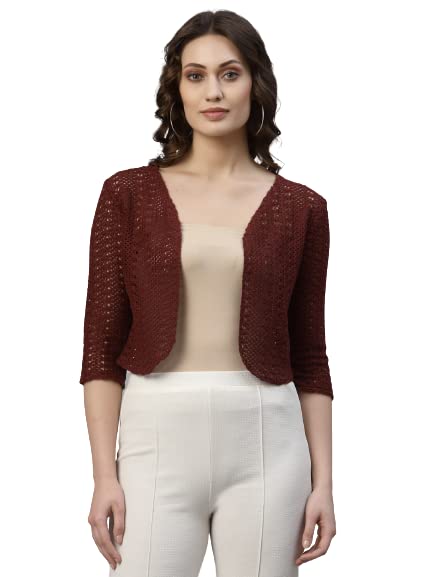 Style Quotient Women Maroon Cotton self Design lace Crop Open Front Shrug - Image 1