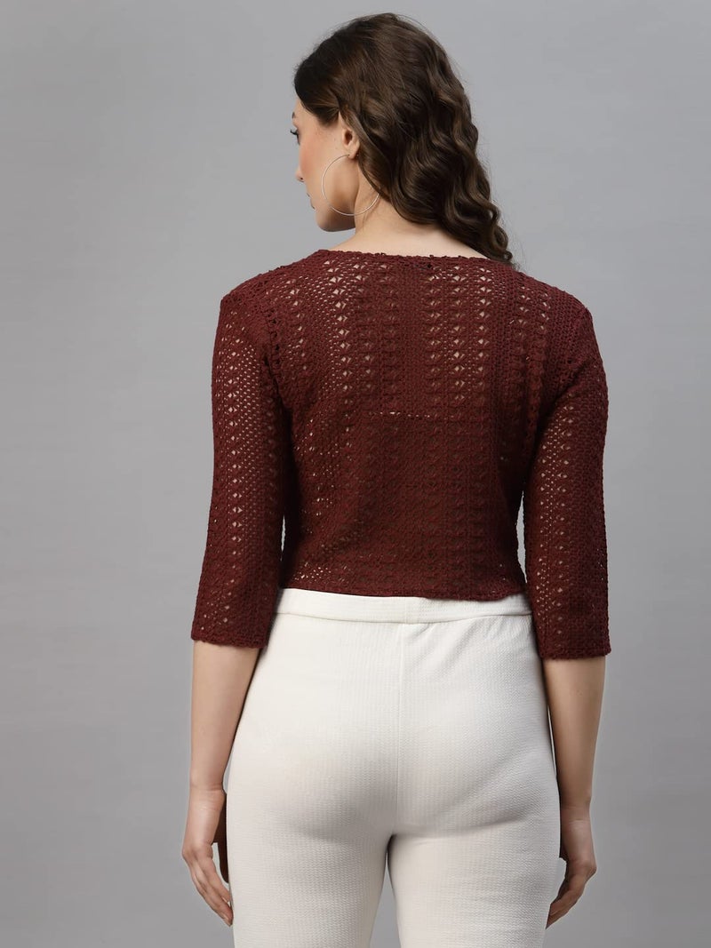 Style Quotient Women Maroon Cotton self Design lace Crop Open Front Shrug - Image 4