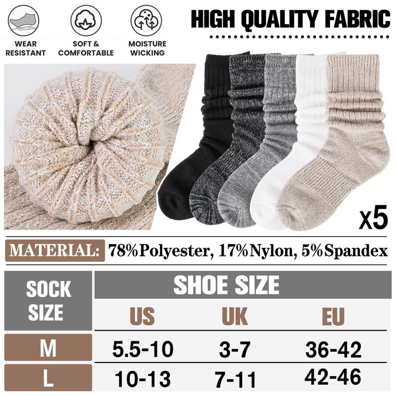 Sandsuced Womens Slouchy Boot Socks Winter Warm Cozy Slouch Scrunch Winter Fuzzy Fluffy Crew Socks 5 Pairs Gifts Stocking Stuffers(Black/Dark Grey/Light Grey/Khaki/White, M) - Image 5