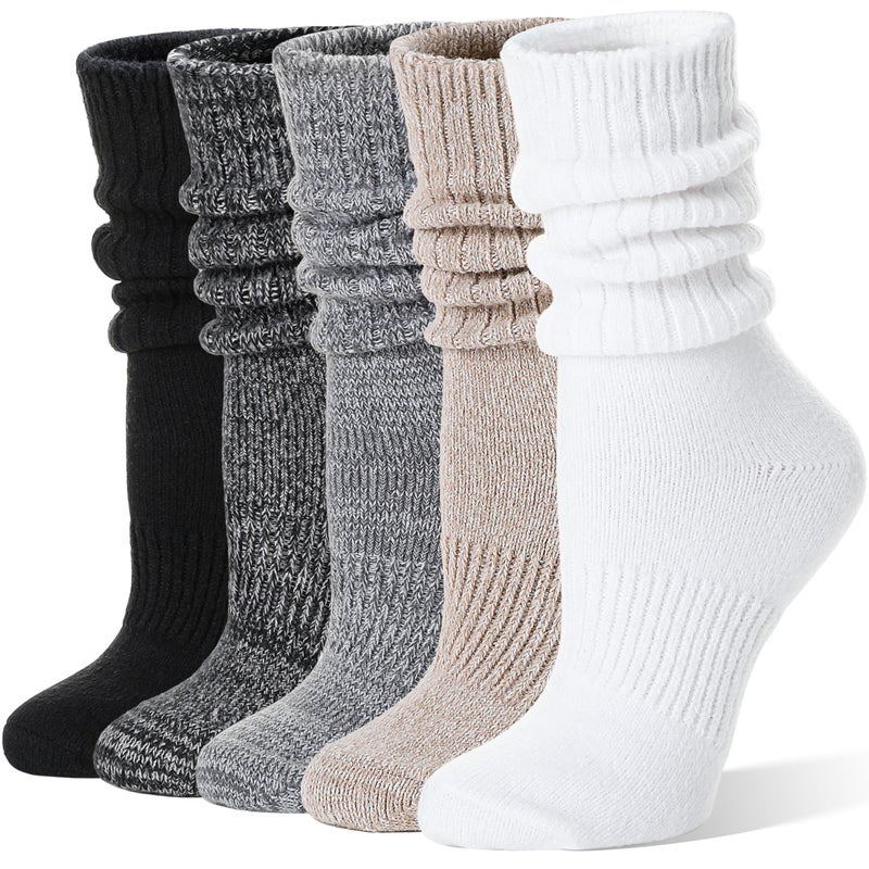 Sandsuced Womens Slouchy Boot Socks Winter Warm Cozy Slouch Scrunch Winter Fuzzy Fluffy Crew Socks 5 Pairs Gifts Stocking Stuffers(Black/Dark Grey/Light Grey/Khaki/White, M) - Image 1
