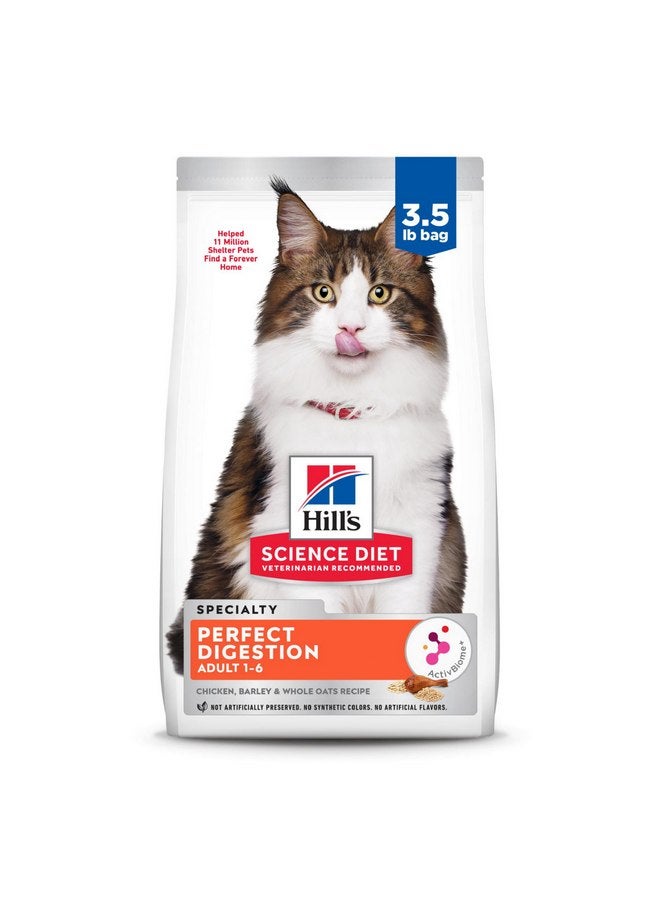 هيل غذاء هيلز ساينس دايت بيرفكت دايجستشن للقطط البالغة من عمر 1 إلى 6 سنوات، لدعم الهضم، طعام جاف للقطط، دجاج، أرز بني، وشوفان كامل، كيس 3.5 رطل - Image 1