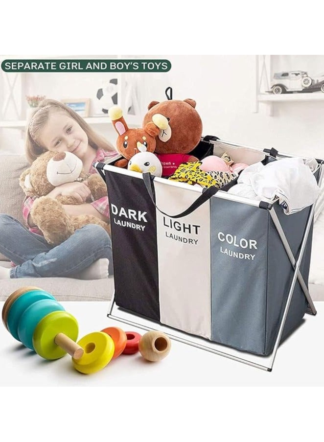 Juzi 3 section laundry basket printed dark light color, foldable hamper/sorter with waterproof oxford bags and aluminum frame, washing clothes storage for home, dormitary - Image 1