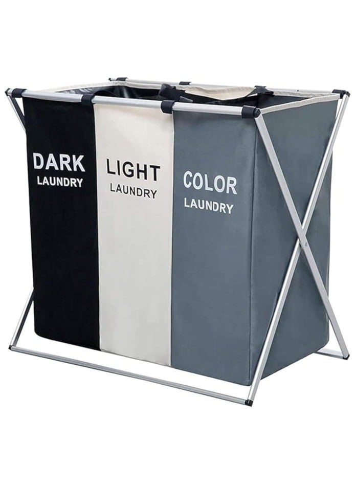 Juzi 3 section laundry basket printed dark light color, foldable hamper/sorter with waterproof oxford bags and aluminum frame, washing clothes storage for home, dormitary - Image 2