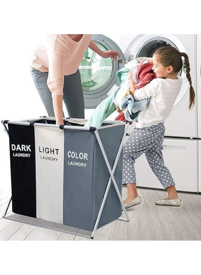 Juzi 3 section laundry basket printed dark light color, foldable hamper/sorter with waterproof oxford bags and aluminum frame, washing clothes storage for home, dormitary - Image 4
