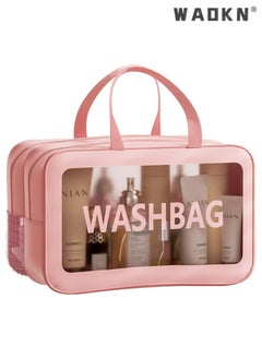 WAOKN Large Capacity Portable Travel Cosmetic Bag, 2 Layer Visible Wet Dry Separated Toiletry Bag with Handles, Clear Handbag Organizer Makeup Case Storage Pouch for Women and Girls (Pink)  - Image 1