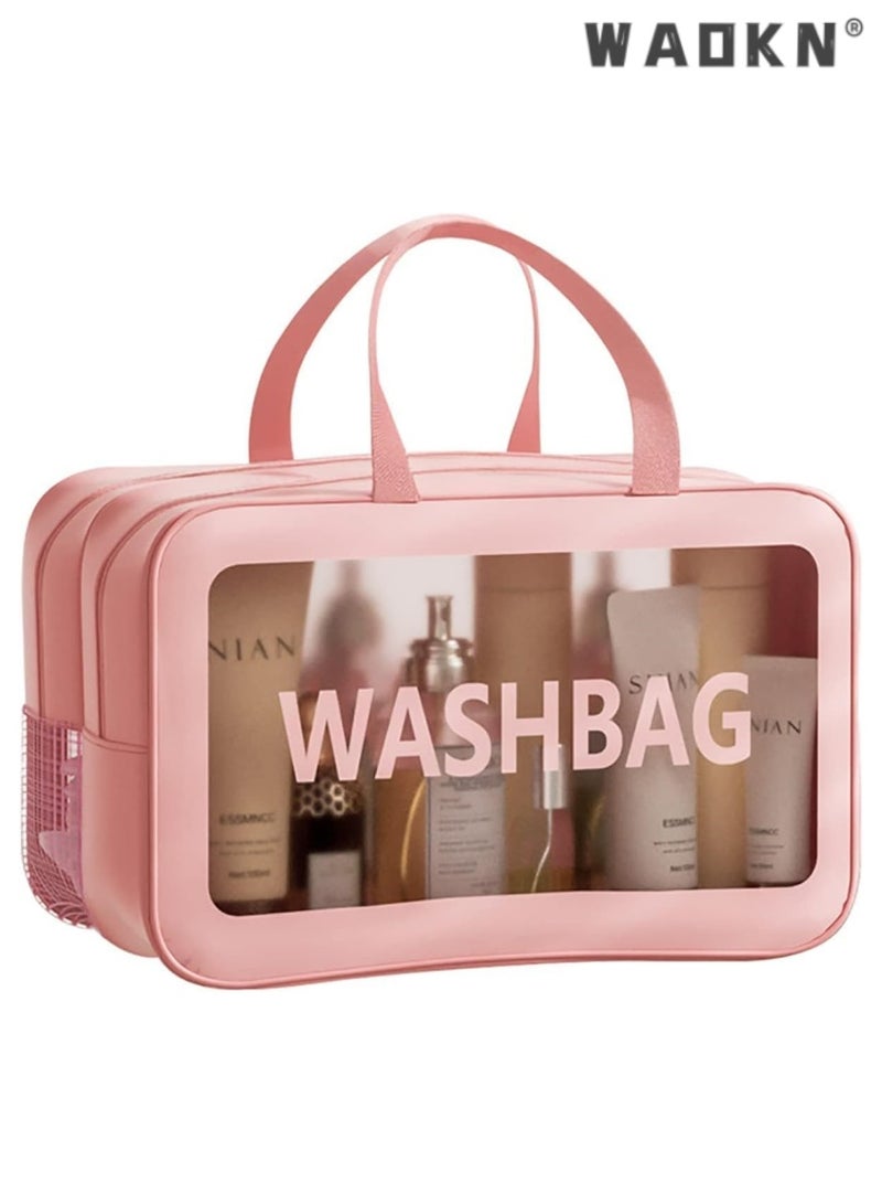 دبليو أيه أو كي أن كبير قدرة حقيبة مستحضرات التجميل المحمولة السفر ، 2 طبقة مرئية الجافة والرطبة فصل نوع حقيبة الأدوات الصحية ، مع مقبض ، حقيبة يد شفافة تحتوي على حقيبة ، ومناسبة للنساء والفتيات ( الوردي ) - Image 1