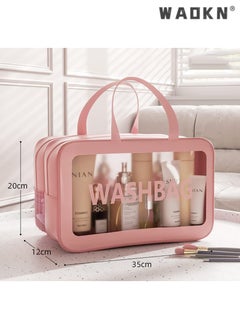 WAOKN Large Capacity Portable Travel Cosmetic Bag, 2 Layer Visible Wet Dry Separated Toiletry Bag with Handles, Clear Handbag Organizer Makeup Case Storage Pouch for Women and Girls (Pink)  - Image 3