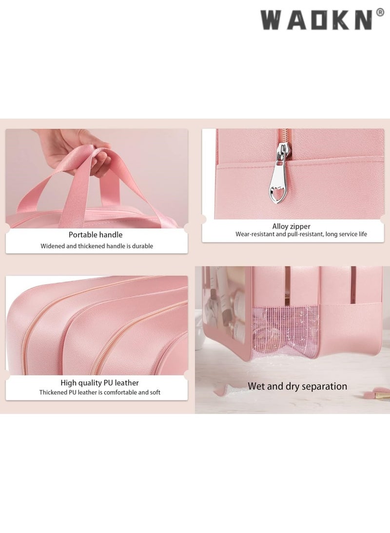 دبليو أيه أو كي أن كبير قدرة حقيبة مستحضرات التجميل المحمولة السفر ، 2 طبقة مرئية الجافة والرطبة فصل نوع حقيبة الأدوات الصحية ، مع مقبض ، حقيبة يد شفافة تحتوي على حقيبة ، ومناسبة للنساء والفتيات ( الوردي ) - Image 4