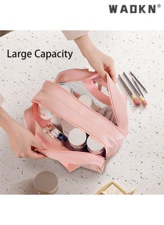 WAOKN Large Capacity Portable Travel Cosmetic Bag, 2 Layer Visible Wet Dry Separated Toiletry Bag with Handles, Clear Handbag Organizer Makeup Case Storage Pouch for Women and Girls (Pink)  - Image 5