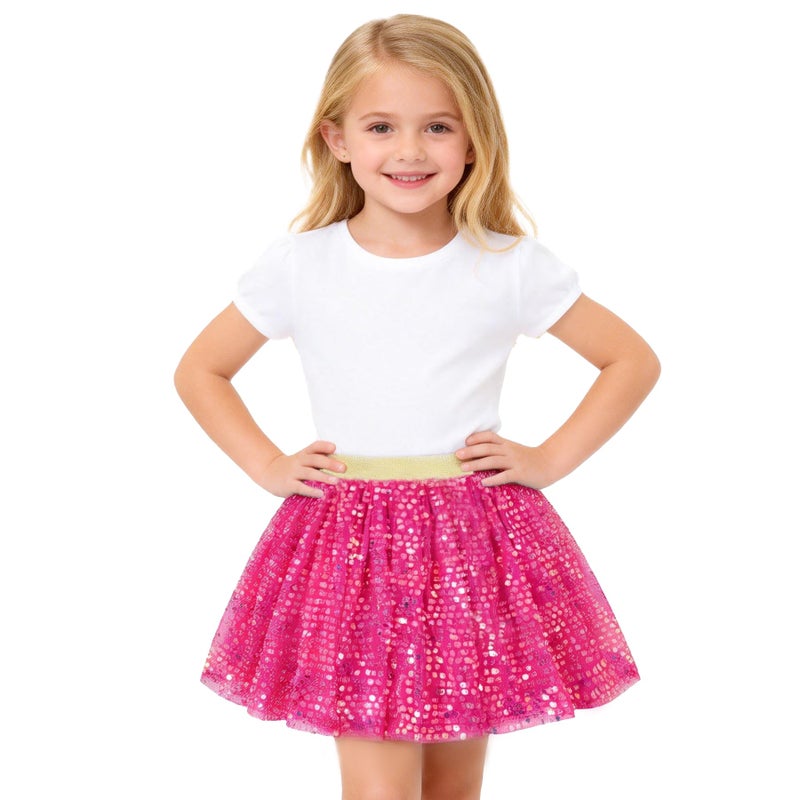 Magic Park 1-14Y Toddler Tulle Sequin Skirt Little Girl Tutu Skirts Birthday Holiday Party Girls Solid Color Short Skirt (Dark Pink Skirt, 9-11 Years) - Image 1