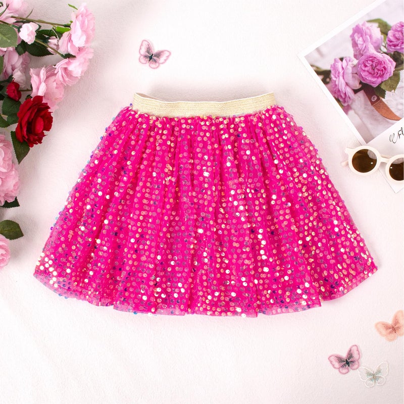 Magic Park 1-14Y Toddler Tulle Sequin Skirt Little Girl Tutu Skirts Birthday Holiday Party Girls Solid Color Short Skirt (Dark Pink Skirt, 9-11 Years) - Image 3