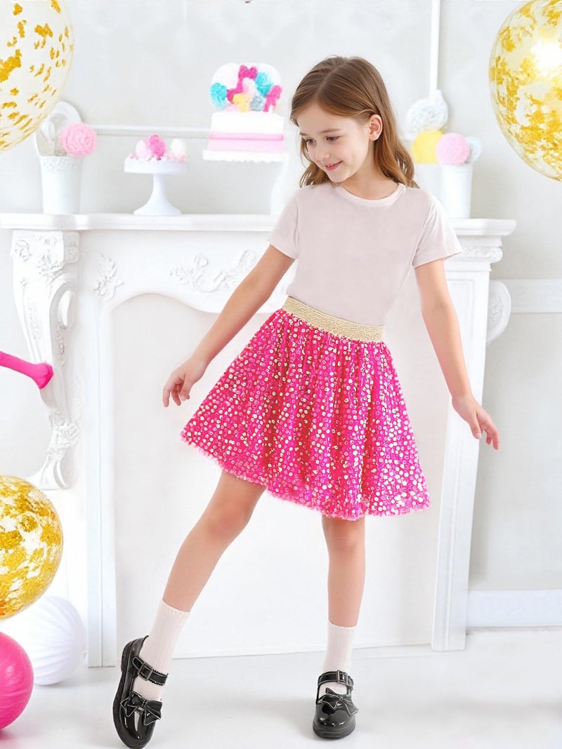 Magic Park 1-14Y Toddler Tulle Sequin Skirt Little Girl Tutu Skirts Birthday Holiday Party Girls Solid Color Short Skirt (Dark Pink Skirt, 9-11 Years) - Image 2
