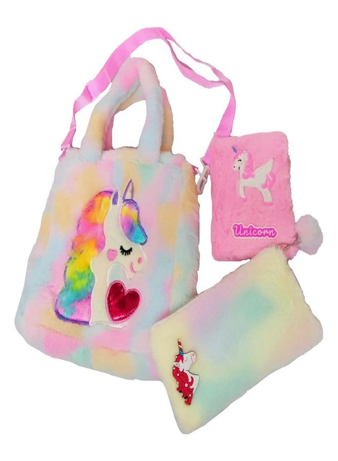 Lata Girls Unicorn Plush Handbag Set, Rainbow Design Sling Bag Collection, Pink,A5 Diary,Unicorn Pouch