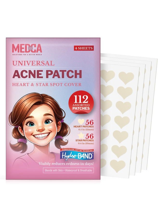 MEDca لصقات حب الشباب للوجه - ضمادات هيدروكوليد (112 قطعة) لصقات البثور للوجه على شكل قلوب ونجوم، علاج موضعي لحب الشباب للعناية بالوجه والبشرة، لصقات تخفي البثور وحب الشباب والرؤوس السوداء - Image 1