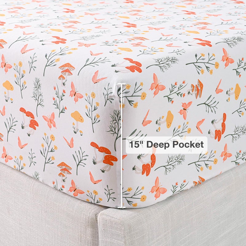 Viviland Mushroom Twin Sheet Set - 4 Piece Vintage Butterfly Flower Patterned Bed Sheets - Soft, Breathable Microfiber Floral Sheets with Deep Pocket, Non-Slip Fitted Sheets & Pillowcases - Image 3