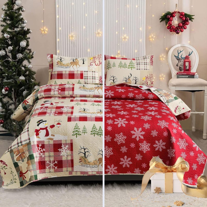 CHESITY Christmas Quilts Set Queen Size Reversible Xmas Bedding Rustic Lodge Quilt Plaid Bedspread Breathable Snowmen Reindeer Coverlet Soft Lightweight Christmas Bedding Decor90x90 - Image 2