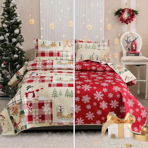 CHESITY Christmas Quilts Set Queen Size Reversible Xmas Bedding Rustic Lodge Quilt Plaid Bedspread Breathable Snowmen Reindeer Coverlet Soft Lightweight Christmas Bedding Decor90x90 - Image 1