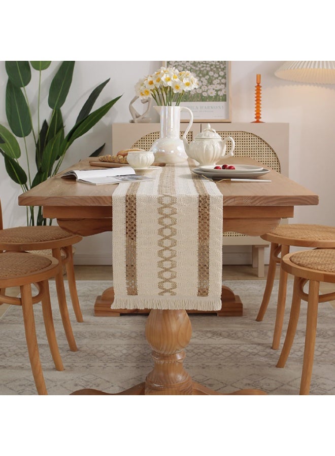 Womdee Table Runner 30cm x180cm Farmhouse Style, Womdee Cotton Linen Boho Table Runner with Handmade Tassels for Bohemian Rustic Wedding Bridal Shower Home Dining Table Decor Beige - Image 1