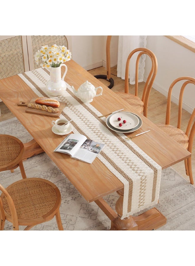 Womdee Table Runner 30cm x180cm Farmhouse Style, Womdee Cotton Linen Boho Table Runner with Handmade Tassels for Bohemian Rustic Wedding Bridal Shower Home Dining Table Decor Beige - Image 2
