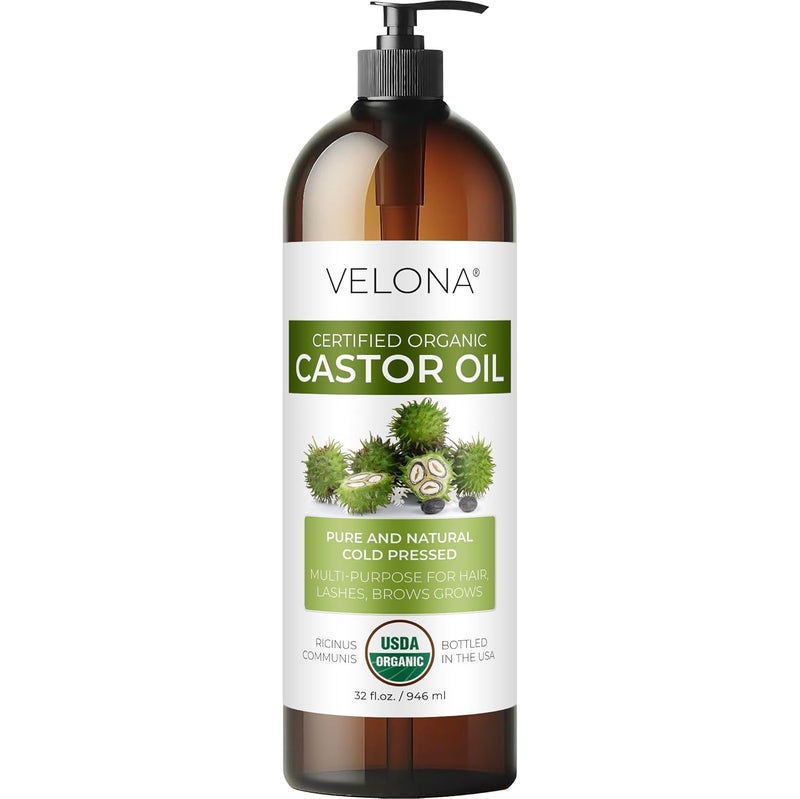 velona velona USDA Certified Organic Castor Oil - 32 fl oz | For Hair Growth, Boost Eyelashes, Eyebrows | Cold pressed, Natural Oil, USP Grade | Hexane Free, Lash Serum, Caster 