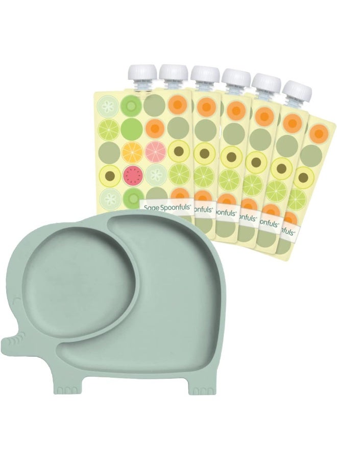 Sage Spoonfuls 7-Piece Feeding Set Suction Plate and Reusable Baby Food Pouches - Image 1