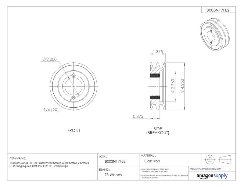 TB Woods 2AK44 FHP QT Bushed V-Belt Sheave, A Belt Section, 2 Grooves, QT Bushing required, Cast Iron, 4.25" OD, 5890 max rpm - Image 3