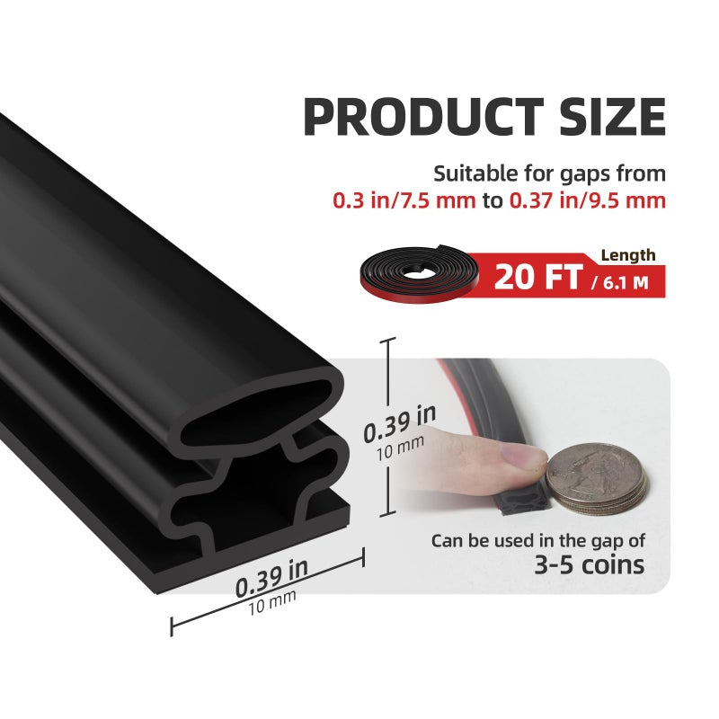 JSIWOTH Weather Stripping, Black D-Shaped Rubber Seal Strip for Doors/Windows, Self-Adhesive Door Soundproof Weatherstripping for Door Frame Window Insulation Gap Blocker 20 Ft - Image 2