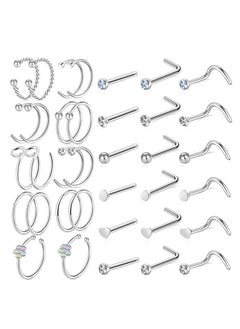 Y&D 36 PCS Nose Rings for Women Studs Hoop 20G Piercings Jewelry Screw Stainless Steel Bone Flat Top Diamond Opal Heart High Nostril Piercing Men(Silver)  - Image 1