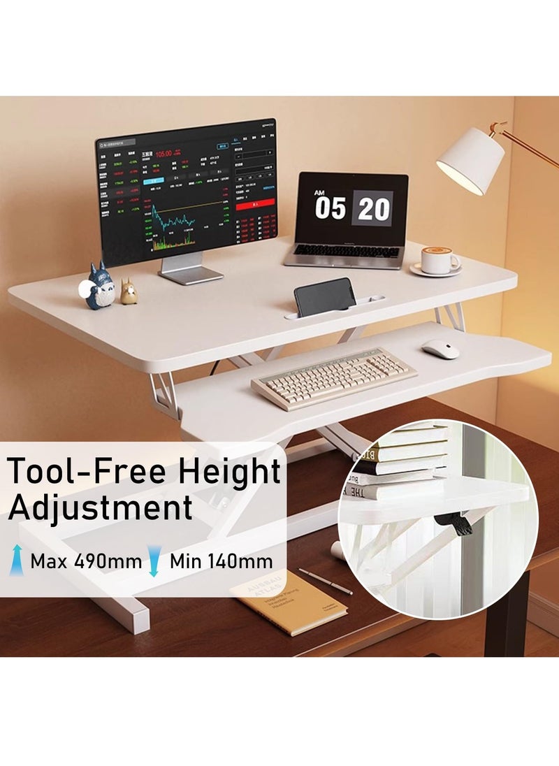 FlashHawk Standing Desk Converter 32 inch, Height Adjustable Sit Stand Desk Riser, Quick Sit to Stand Tabletop Dual Monitor and Laptop Riser Workstation for Home Office with Keyboard Tray, White  - Image 3