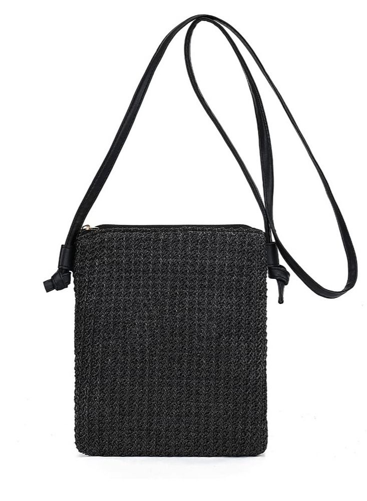 Excefore Straw Crossbody Beach Bag, Summer Beach Shoulder Bags, Boho Woven Clutch Bag, Suitable for Beach Vacation Party (Black) - Image 1