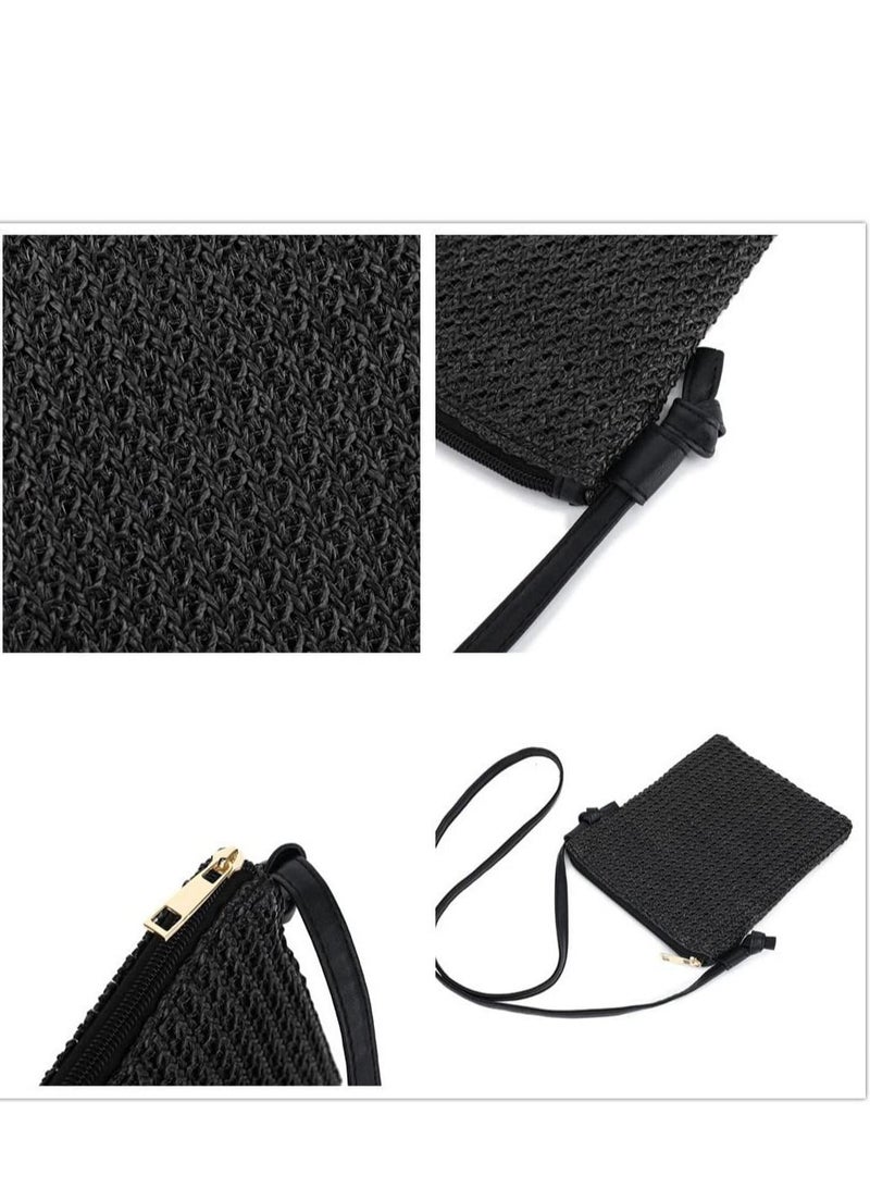 Excefore Straw Crossbody Beach Bag, Summer Beach Shoulder Bags, Boho Woven Clutch Bag, Suitable for Beach Vacation Party (Black) - Image 4