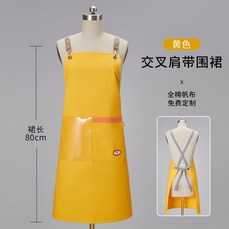 Yellow waterproof canvas apron custom logo printing catering special milk tea shop snack house supermarket work clothes women [transparent pocket] ls-f2308 cotton canvas apron yellow