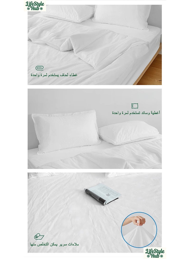 مركز أنماط الحياة مجموعة مفروشات أحادية الاستخدام مكونة من 4 قطع بحجم كبير جدًا (220 × 230 سم) - ملاءات سرير سفر مع غطاء لحاف وغطاءين للوسائد - ملاءات صحية قابلة للنقل مصنوعة من القماش غير المنسوج ومعبأة بالتفريغ الهوائي، مناسبة للعمرة والفنادق والتخييم - Image 4