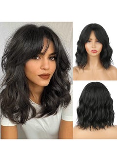 Isaide Short Curly Wavy Bob Wig With Curtain Bangs Black Curly Bob Wigs With Bangs For Women Synthetic Bob Curly Wavy Wig Natural Hair Shoulder Length Wigs For Women 14Inch 1B