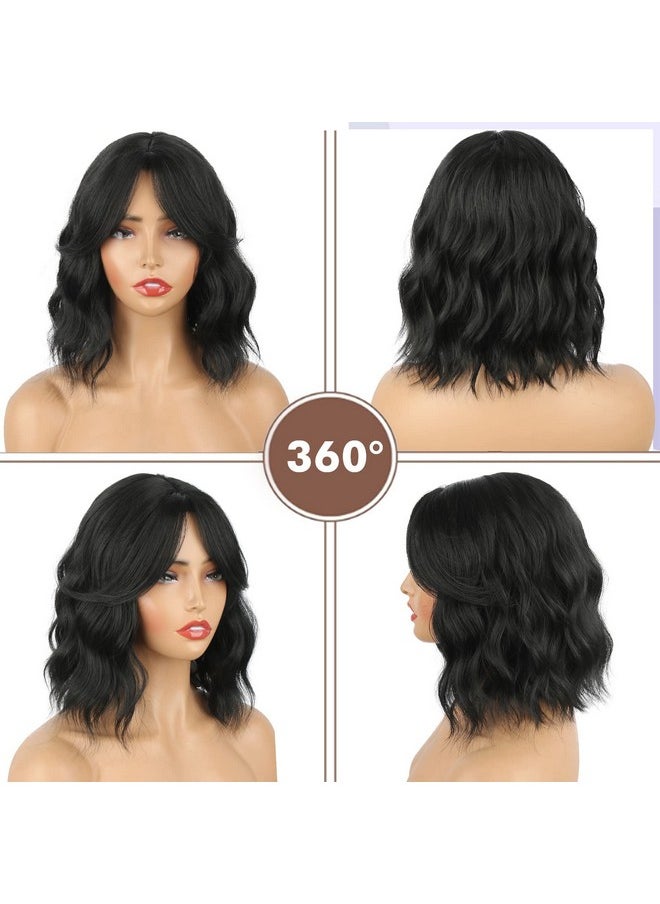 Aisaide - Isaide Short Curly Wavy Bob Wig With Curtain Bangs Black Curly Bob Wigs With Bangs For Women Synthetic Bob Curly Wavy Wig Natural Hair Shoulder Length Wigs For Women 14Inch 1B - Image 1