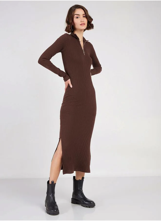 ساسافراس Rib High Neck Front Zipper Midi Dress