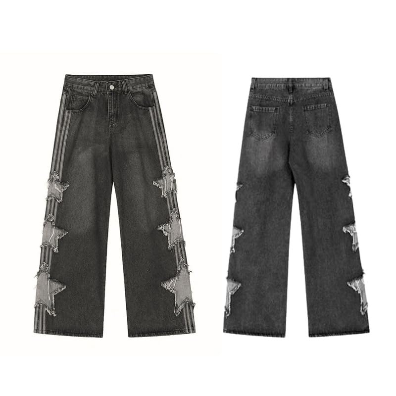PEAINJ Star Jeans for Women Girls Baggy Cute Patchwork Denim Pants Y2k High Waisted Jeans Grunge Aesthetic Clothes Black-XS - Image 5